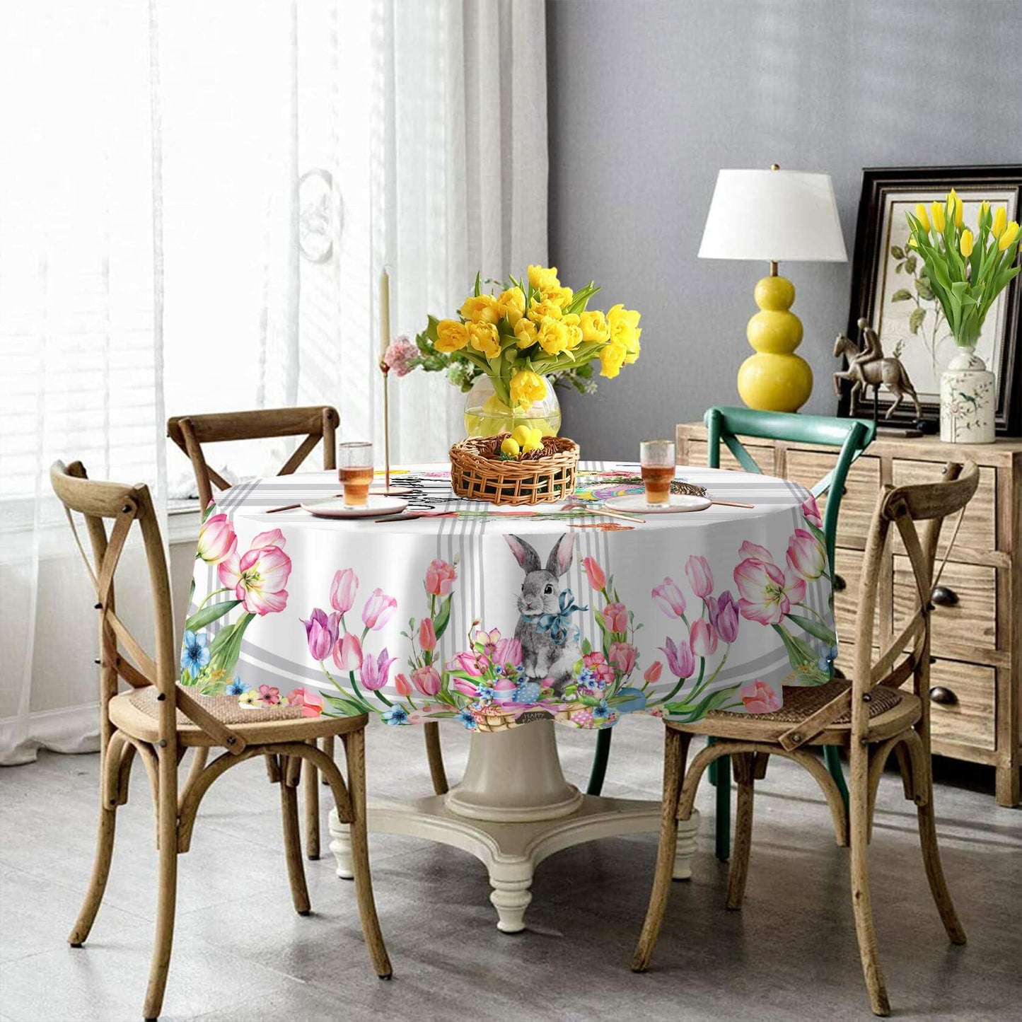 Hexagram Easter Tablecloth Rectangle 60x84 inch Spring Bunny Kitchen Decor