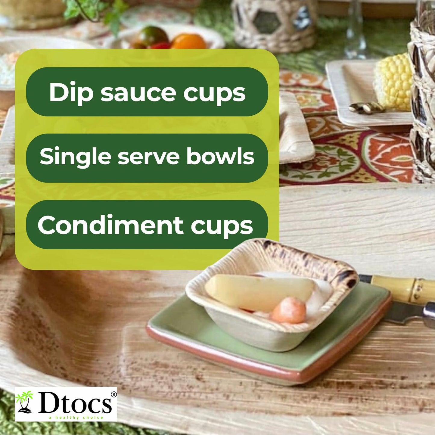 Dtocs Palm Leaf 4" Square Dip Bowls Mini Bamboo Compostable 50 Count