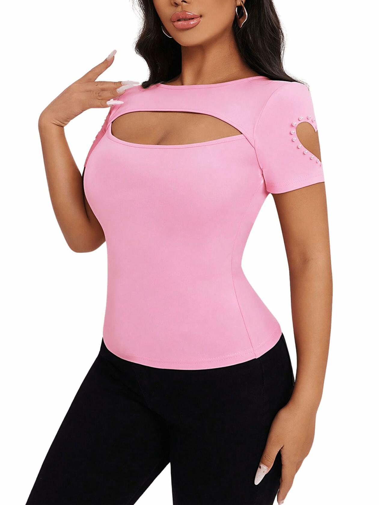 SOLY HUX Women's Beaded Cut Out Short Sleeve Tee Pink Size M