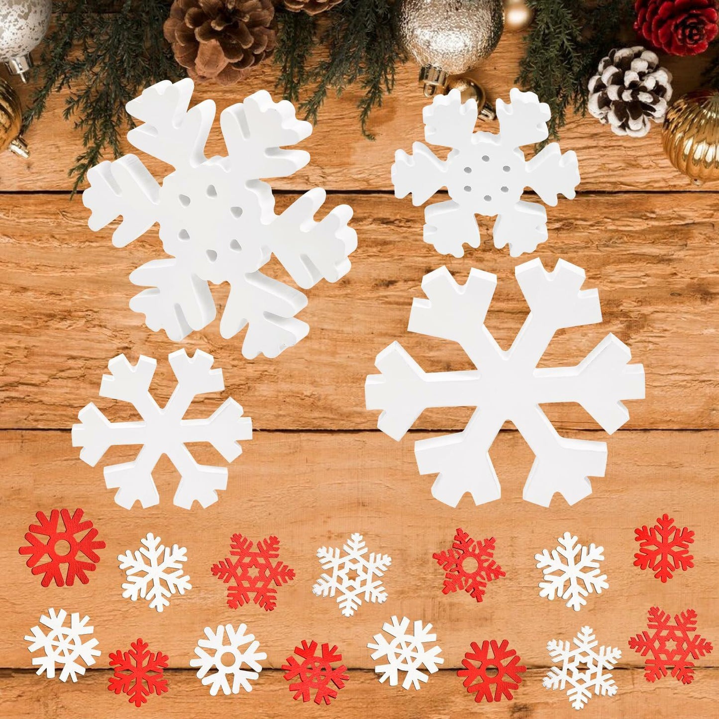 LadyRosian Wooden Snowflake Decorations 4 Pack Standing & Hanging Xmas Ornaments