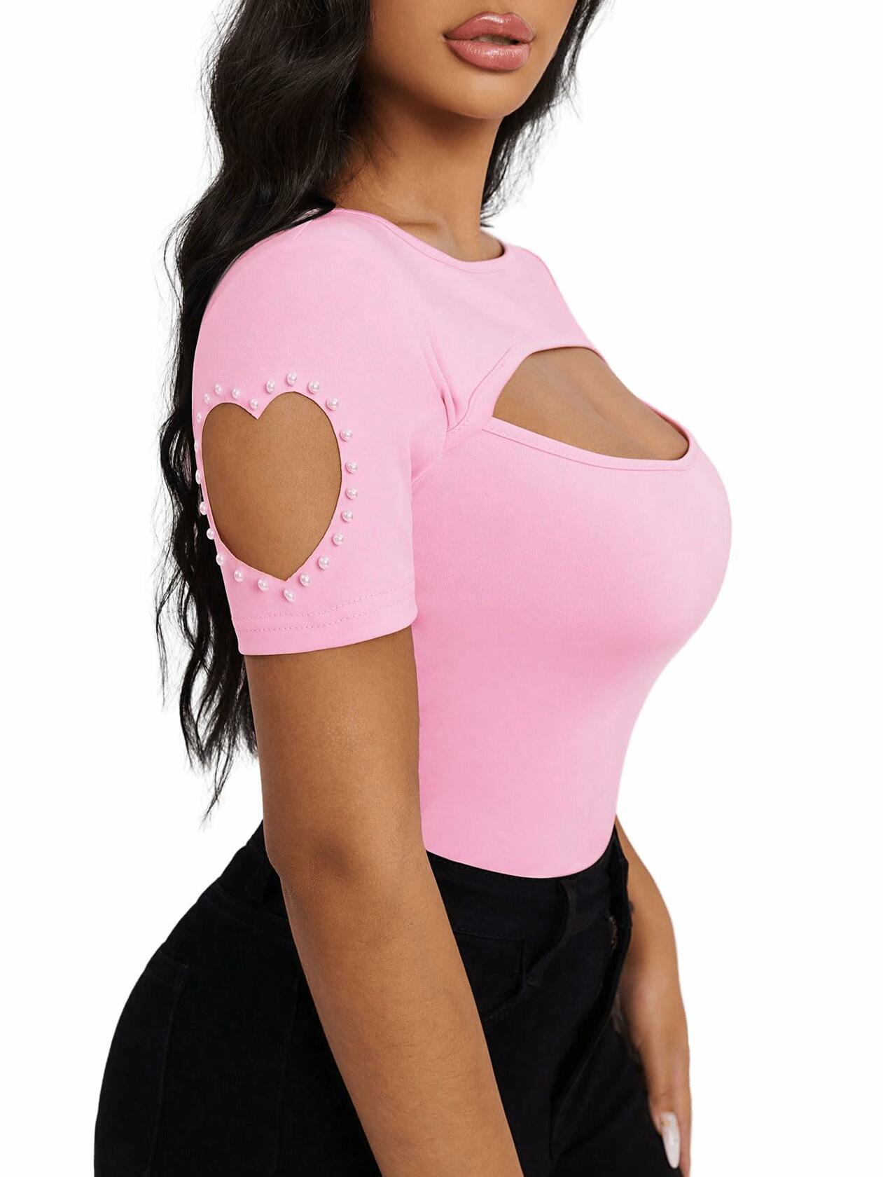 SOLY HUX Women's Beaded Cut Out Short Sleeve Tee Pink Size M