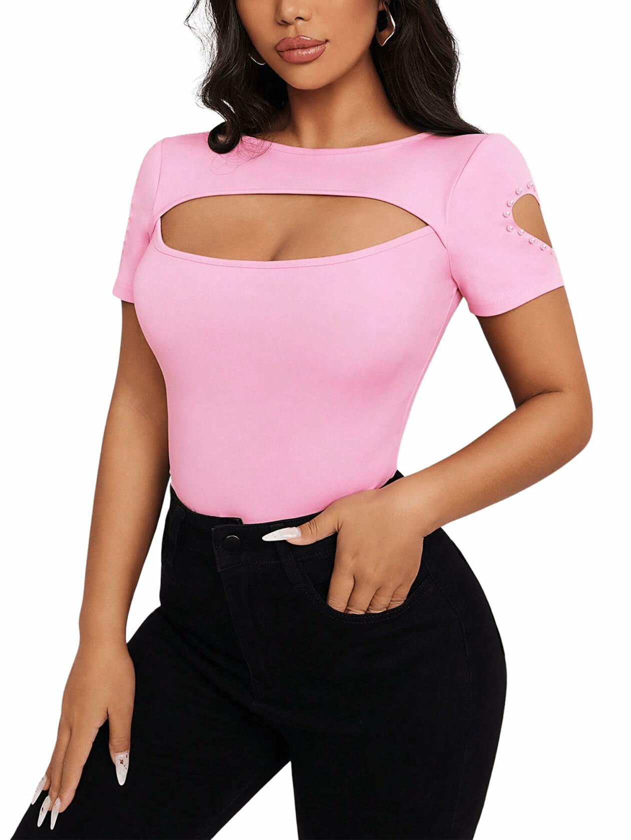 SOLY HUX Women's Beaded Cut Out Short Sleeve Tee Pink Size M