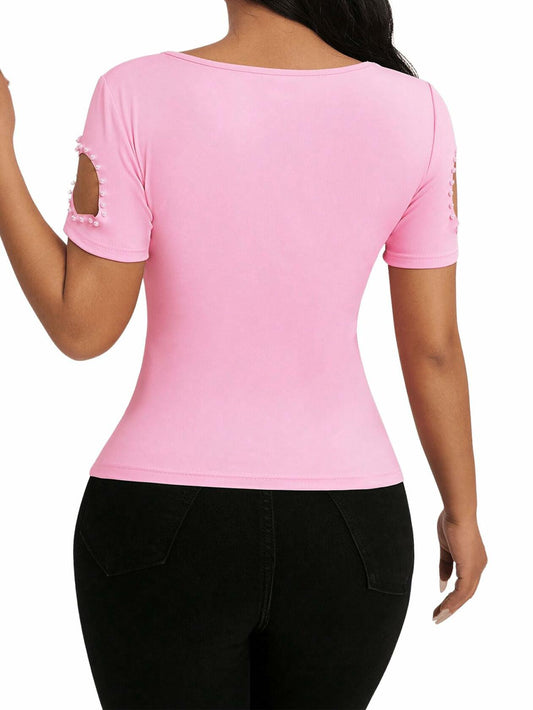 SOLY HUX Women's Beaded Cut Out Short Sleeve Tee Pink Size M