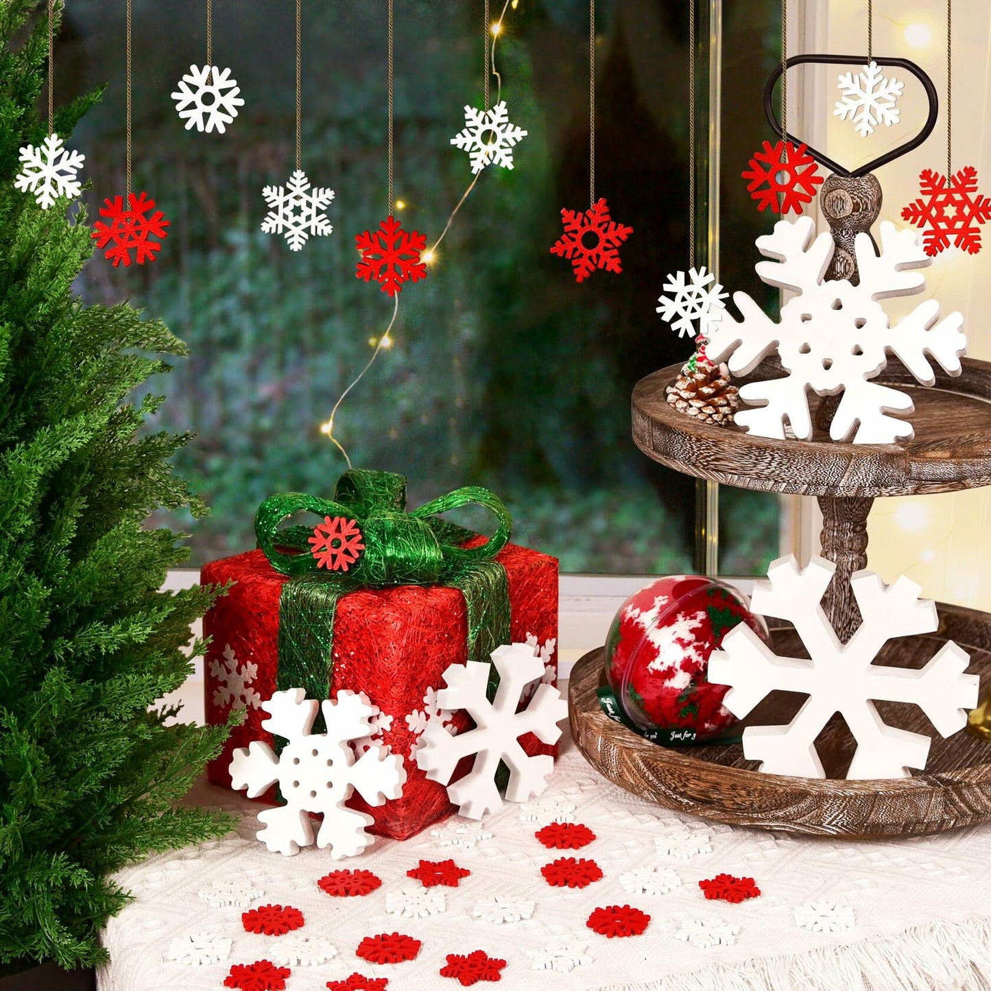 LadyRosian Wooden Snowflake Decorations 4 Pack Standing & Hanging Xmas Ornaments