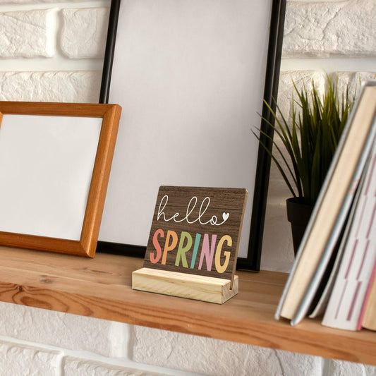 ANIANG Hello Spring Rustic Wood Plaque Sign with Stand Farmhouse Decor