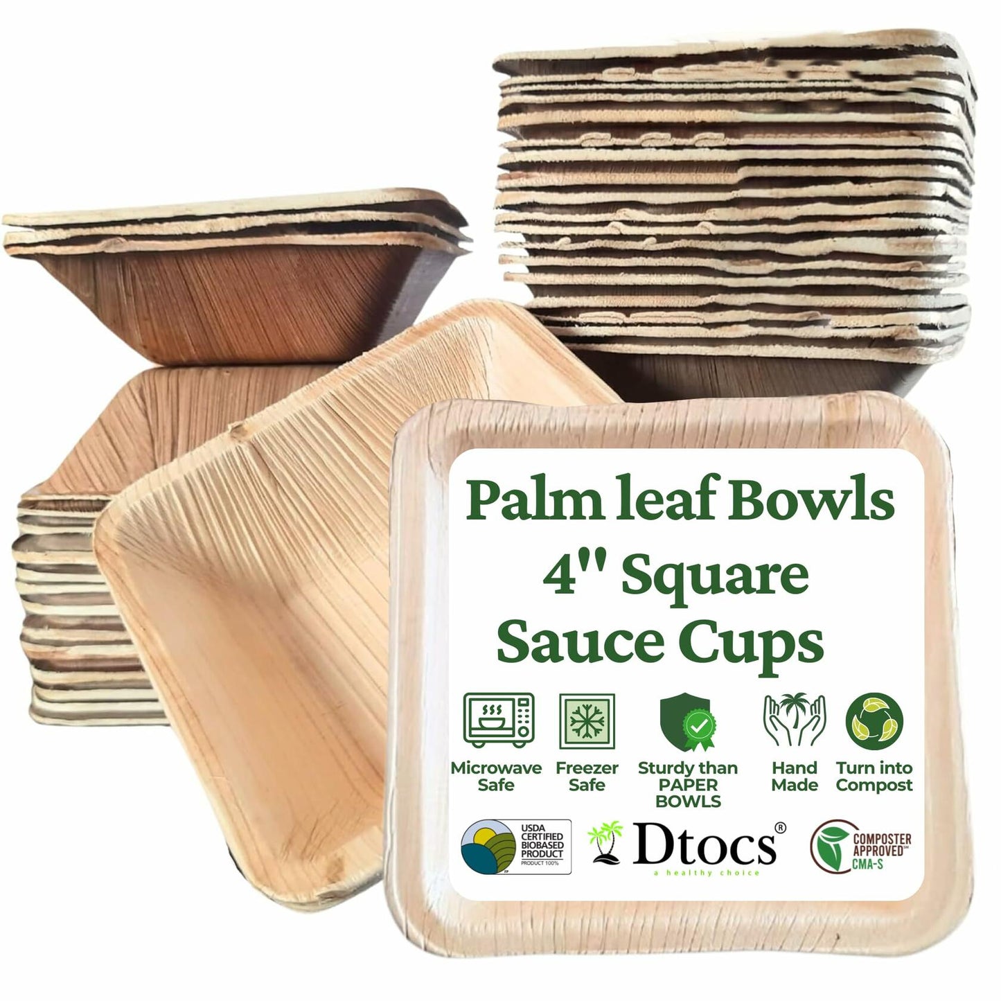 Dtocs Palm Leaf 4" Square Dip Bowls Mini Bamboo Compostable 50 Count