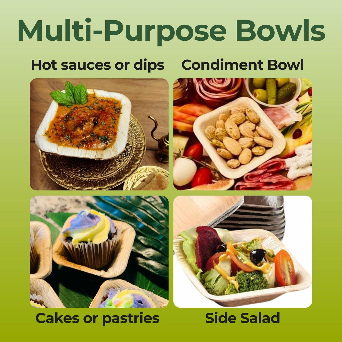 Dtocs Palm Leaf 4" Square Dip Bowls Mini Bamboo Compostable 50 Count