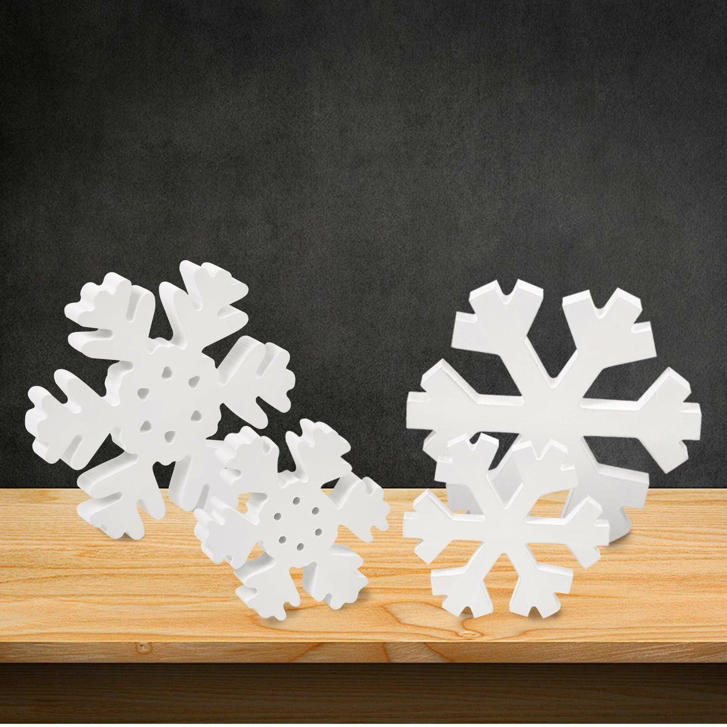 LadyRosian Wooden Snowflake Decorations 4 Pack Standing & Hanging Xmas Ornaments