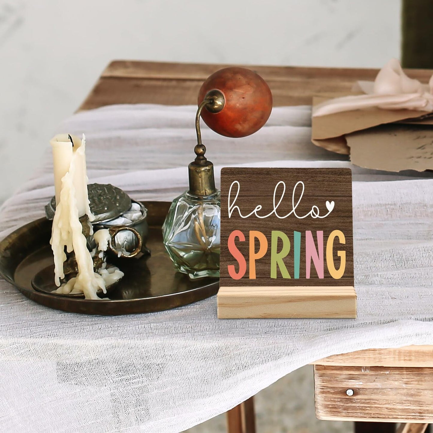 ANIANG Hello Spring Rustic Wood Plaque Sign with Stand Farmhouse Decor