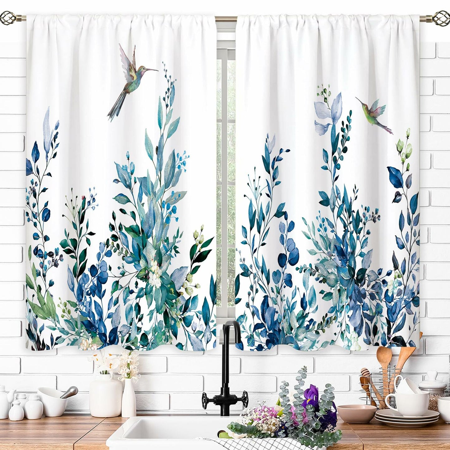 oolygoo Pink Flower Kitchen Curtains Floral Eucalyptus 27.5x39 inch