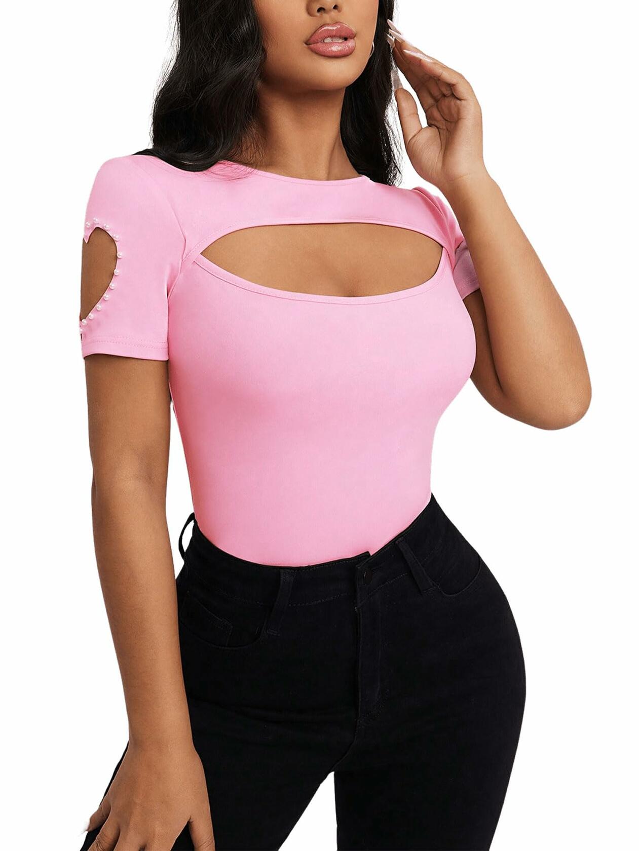 SOLY HUX Women's Beaded Cut Out Short Sleeve Tee Pink Size M