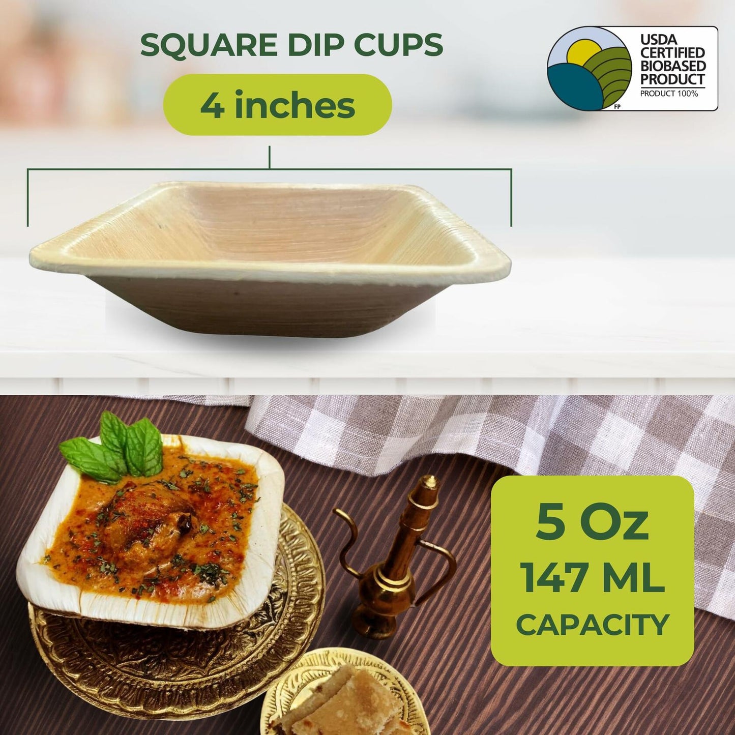 Dtocs Palm Leaf 4" Square Dip Bowls Mini Bamboo Compostable 50 Count