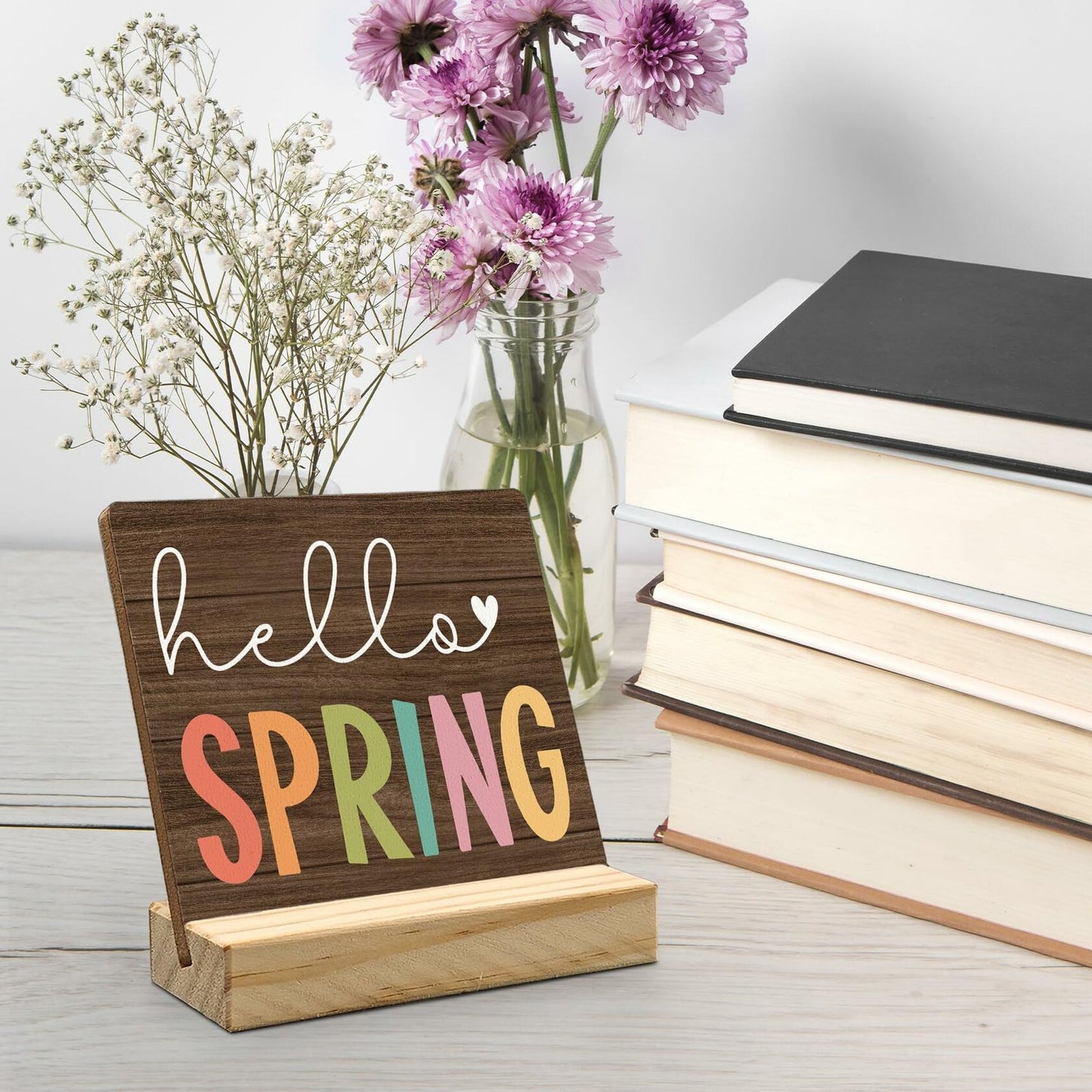 ANIANG Hello Spring Rustic Wood Plaque Sign with Stand Farmhouse Decor