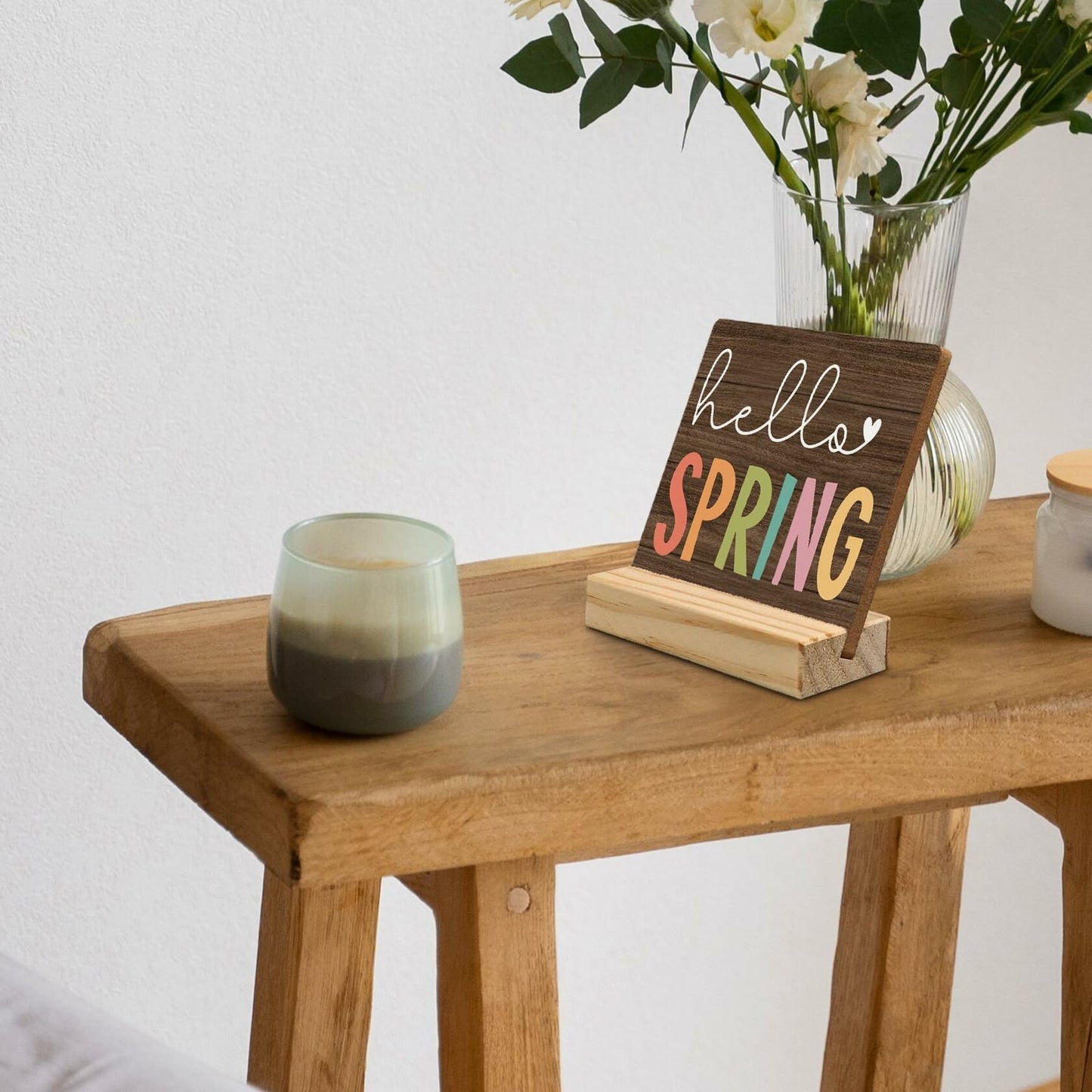 ANIANG Hello Spring Rustic Wood Plaque Sign with Stand Farmhouse Decor