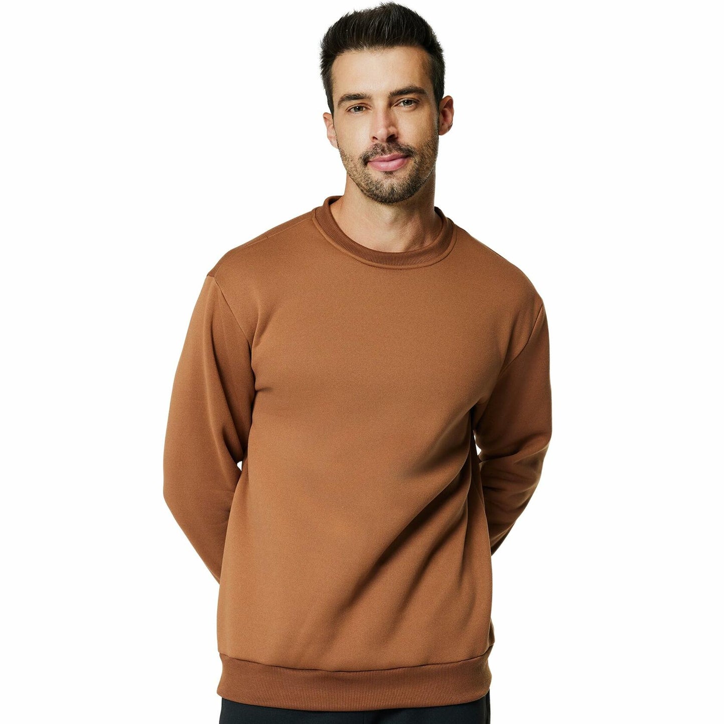 Men's Crewneck Sweatshirt Athletic Fleece Pullover Brown Size L