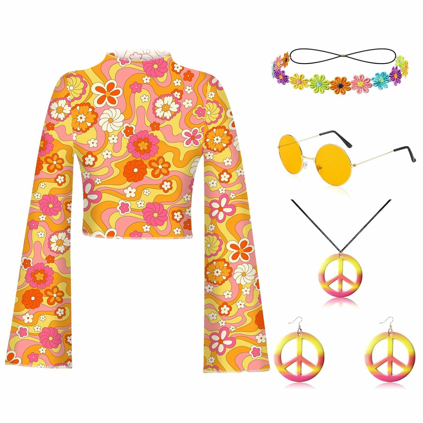 kooirsp 70s Women Hippie Costume Set 6 Pcs Peace Necklace Earrings XX-Large