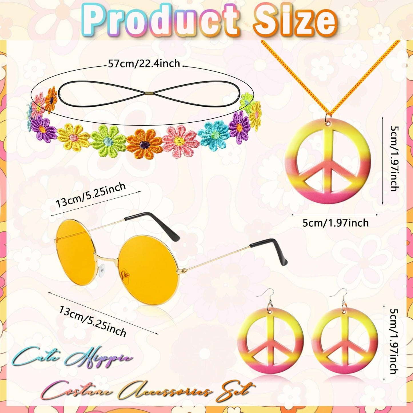 kooirsp 70s Women Hippie Costume Set 6 Pcs Peace Necklace Earrings XX-Large