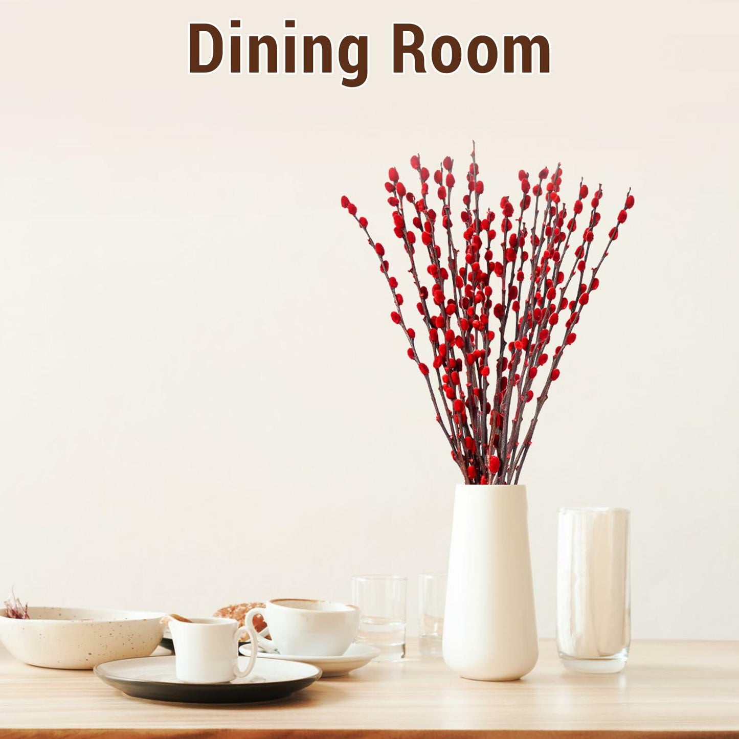 40pcs Red Pussy Willow Branches 17.5in Dried Flowers for Home Decor
