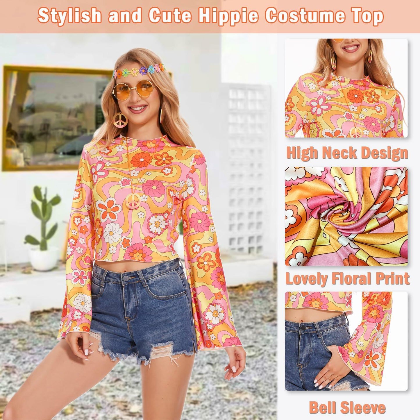 kooirsp 70s Women Hippie Costume Set 6 Pcs Peace Necklace Earrings XX-Large