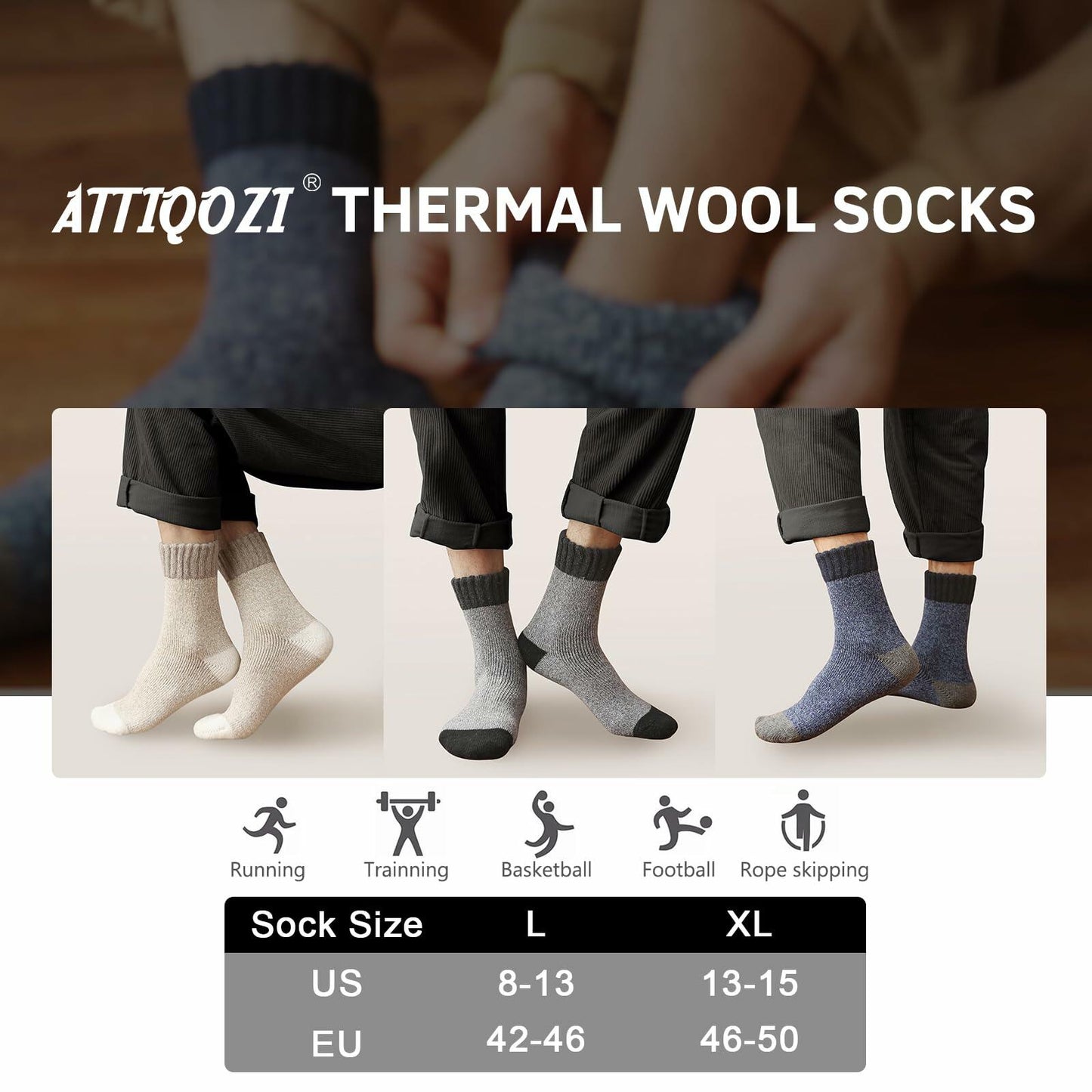 Men's Merino Wool Thermal Crew Socks Gray Khaki Blue 6 Pairs Size 8-13