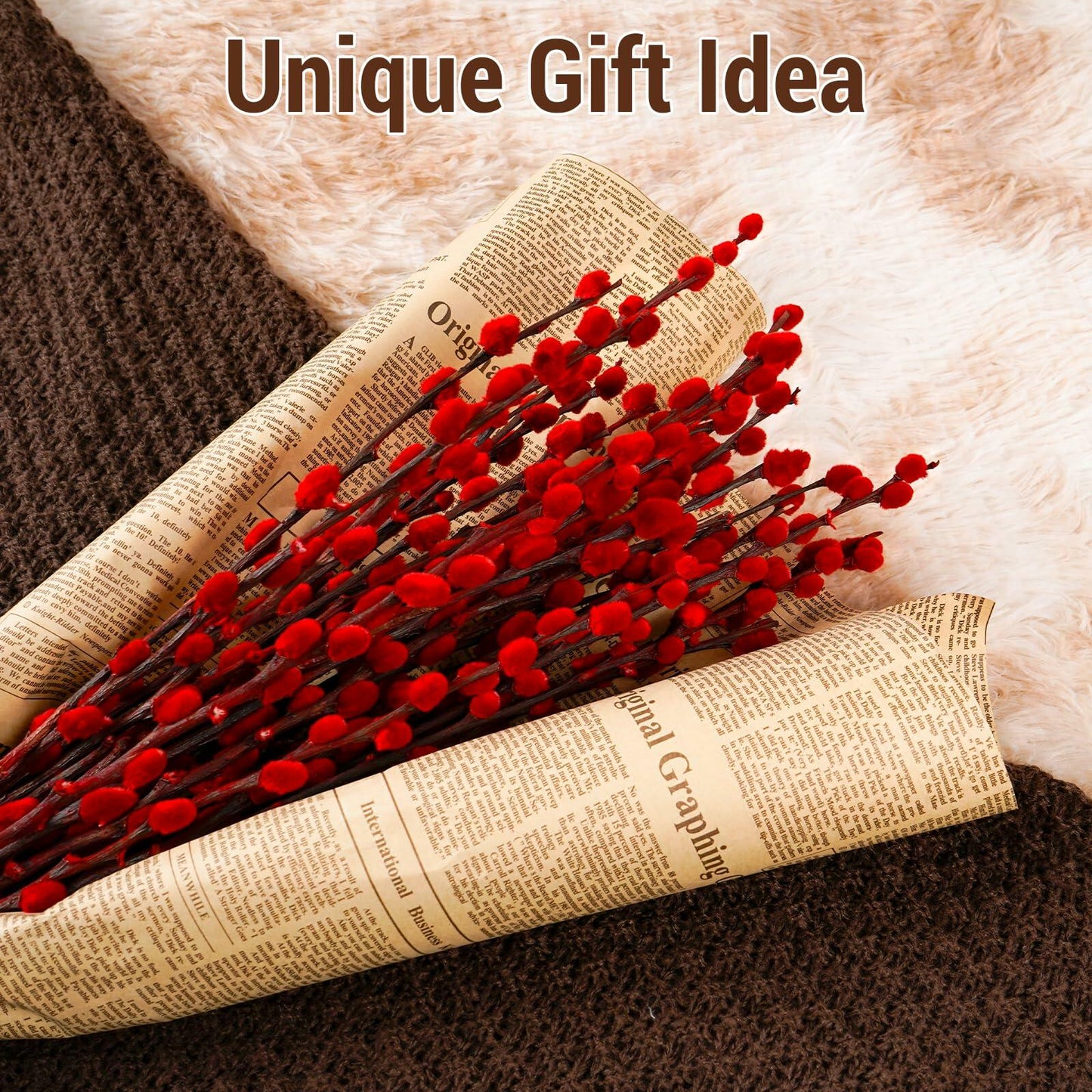 40pcs Red Pussy Willow Branches 17.5in Dried Flowers for Home Decor