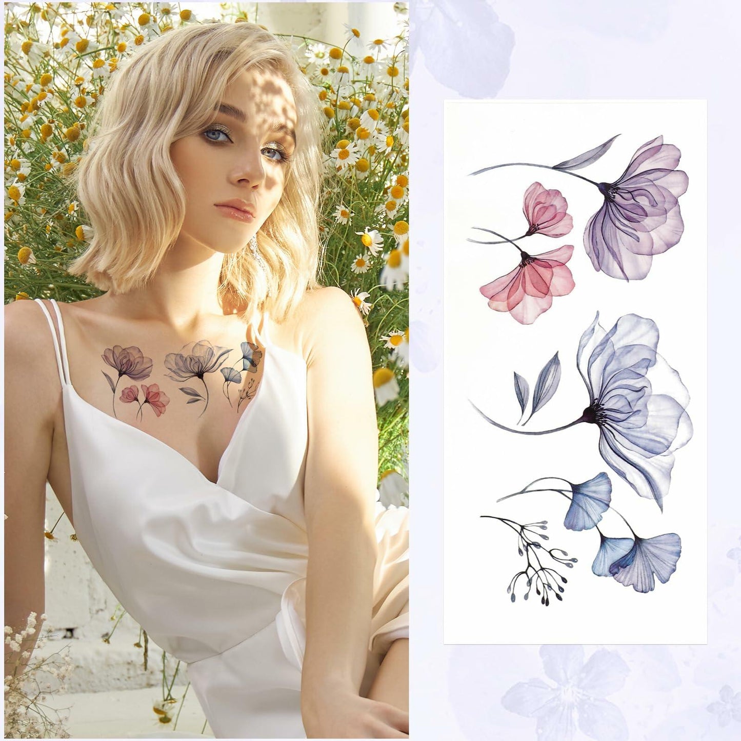 Jeffdad 20 Sheets Watercolor Floral Temporary Tattoos Stickers for Women