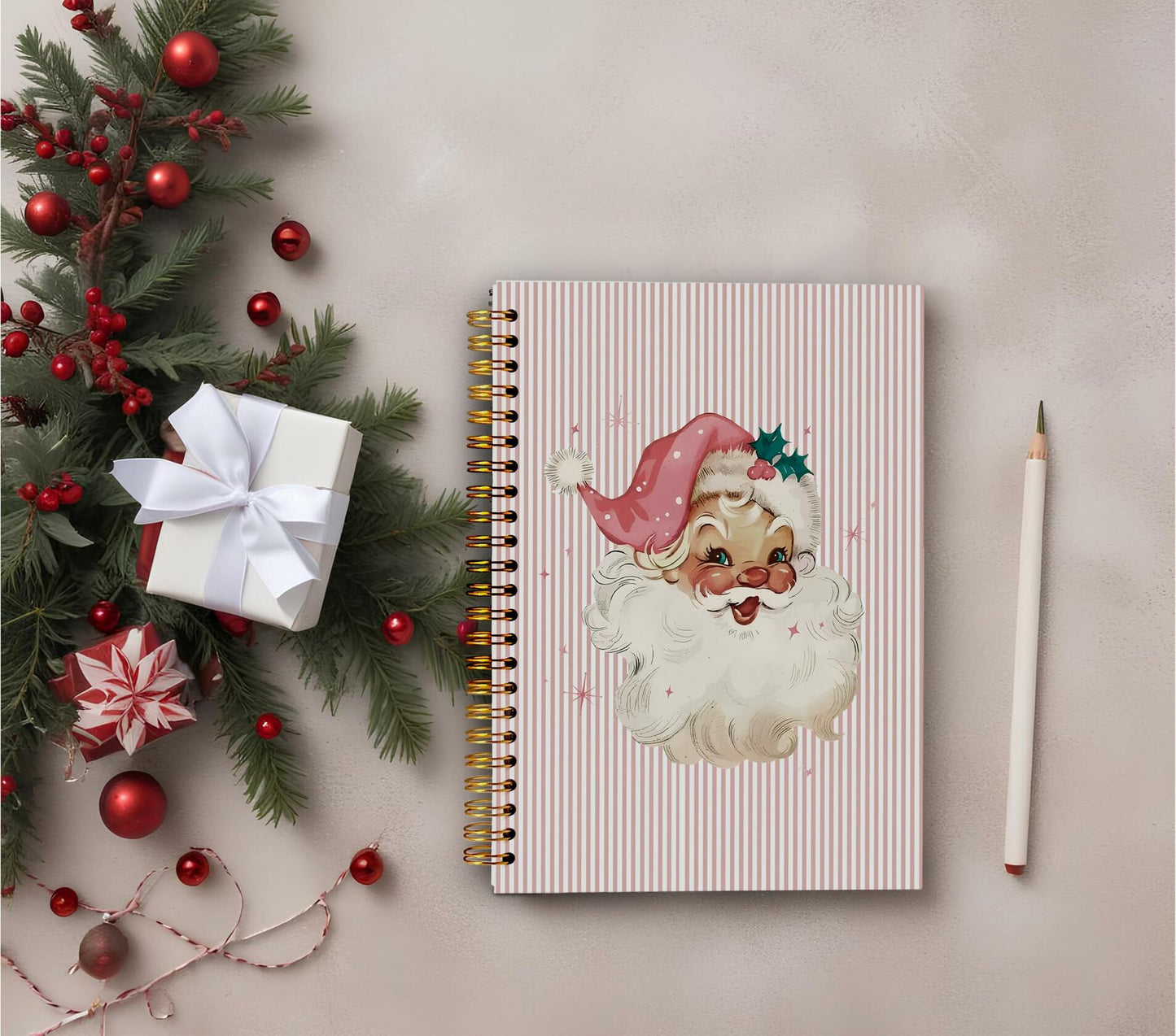 Ecezatik Christmas Notebook Pink Vintage Santa 5.5x8.3 Inch Spiral