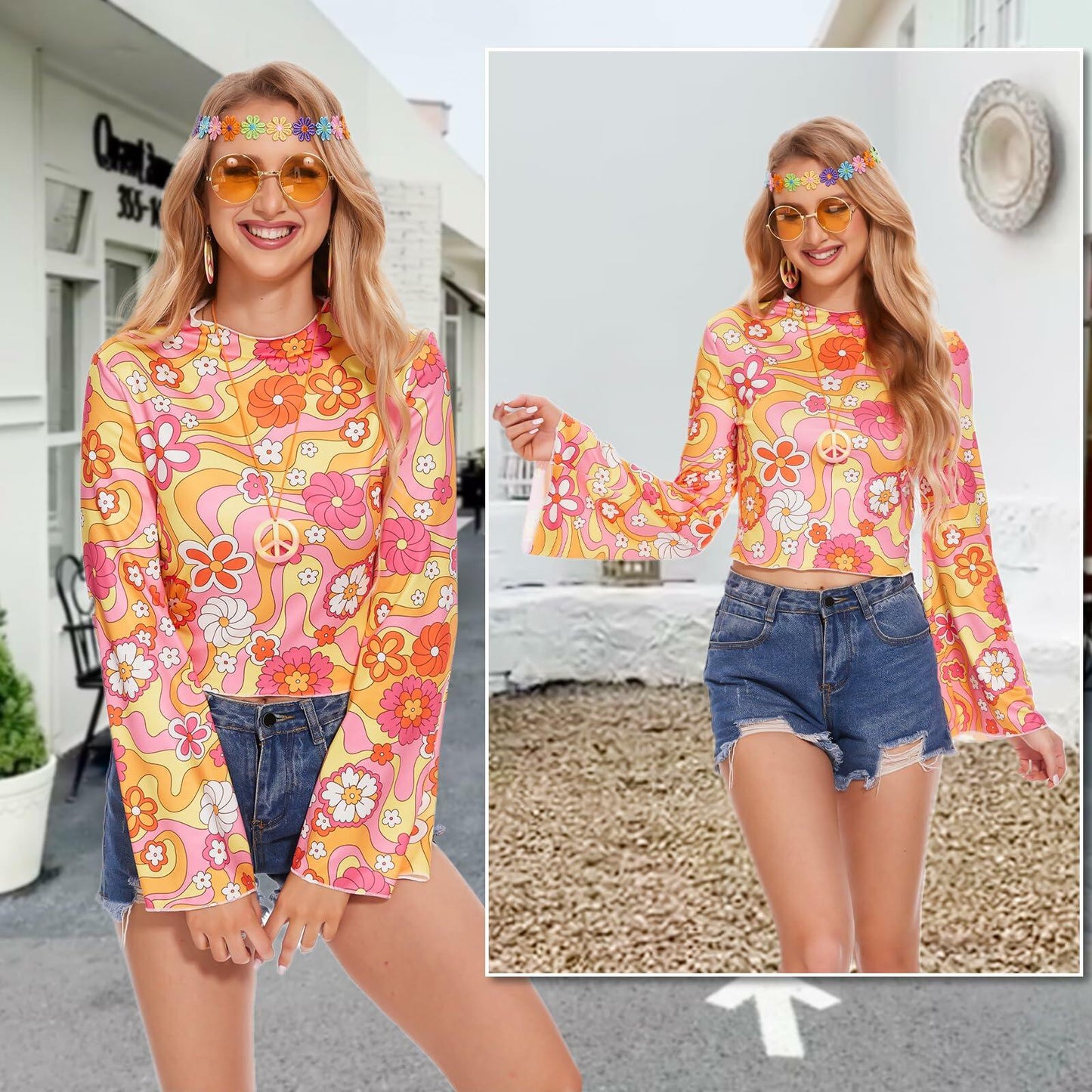 kooirsp 70s Women Hippie Costume Set 6 Pcs Peace Necklace Earrings XX-Large