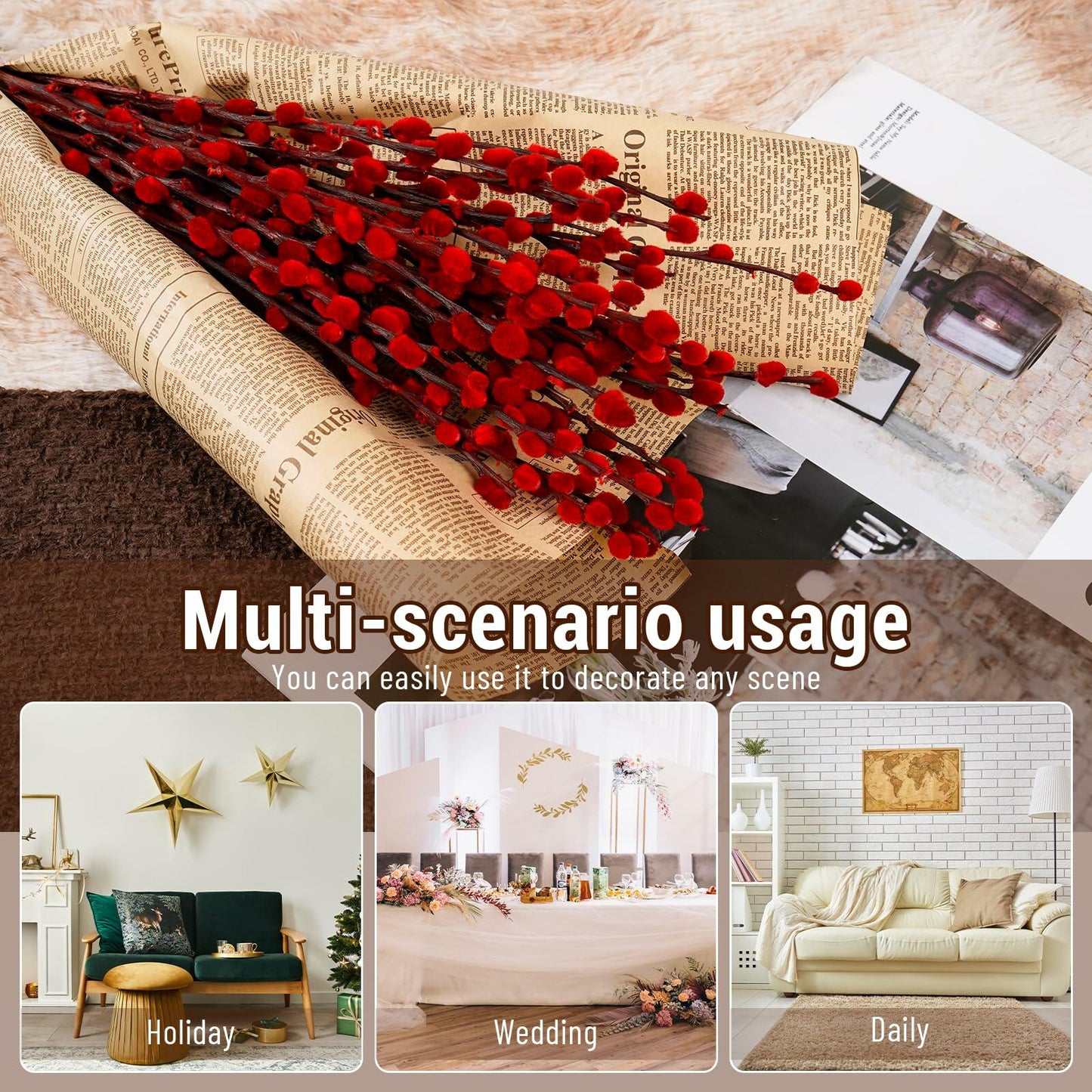 40pcs Red Pussy Willow Branches 17.5in Dried Flowers for Home Decor