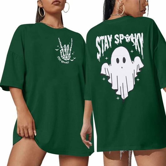 Halloween Oversize T-Shirt Women Spooky Graphic Ghost Tee Green Size M