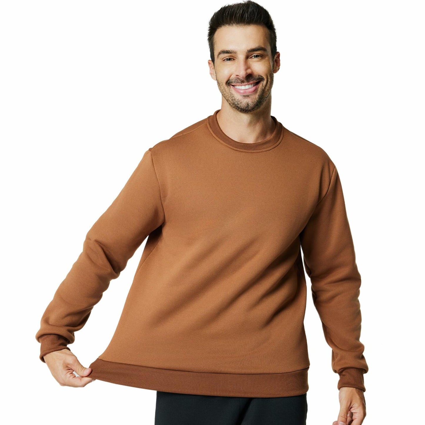 Men's Crewneck Sweatshirt Athletic Fleece Pullover Brown Size L
