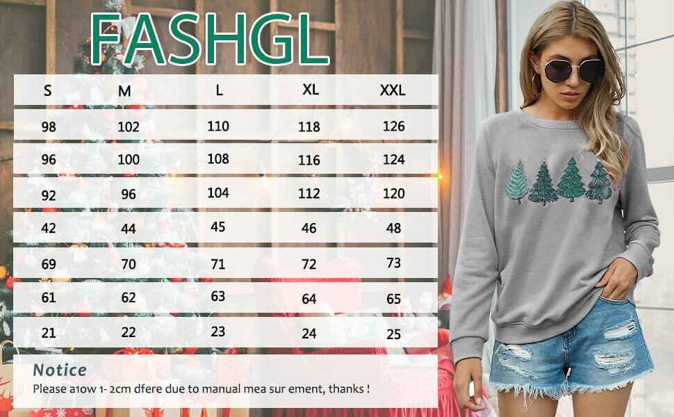 FASHGL Christmas Tree Sweatshirt Women Long Sleeve Pullover Grey Midium Size