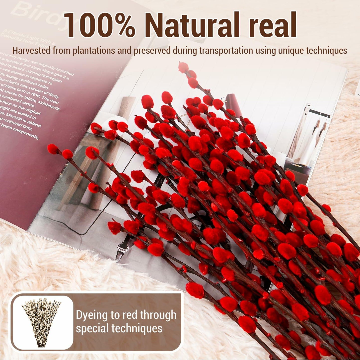 40pcs Red Pussy Willow Branches 17.5in Dried Flowers for Home Decor