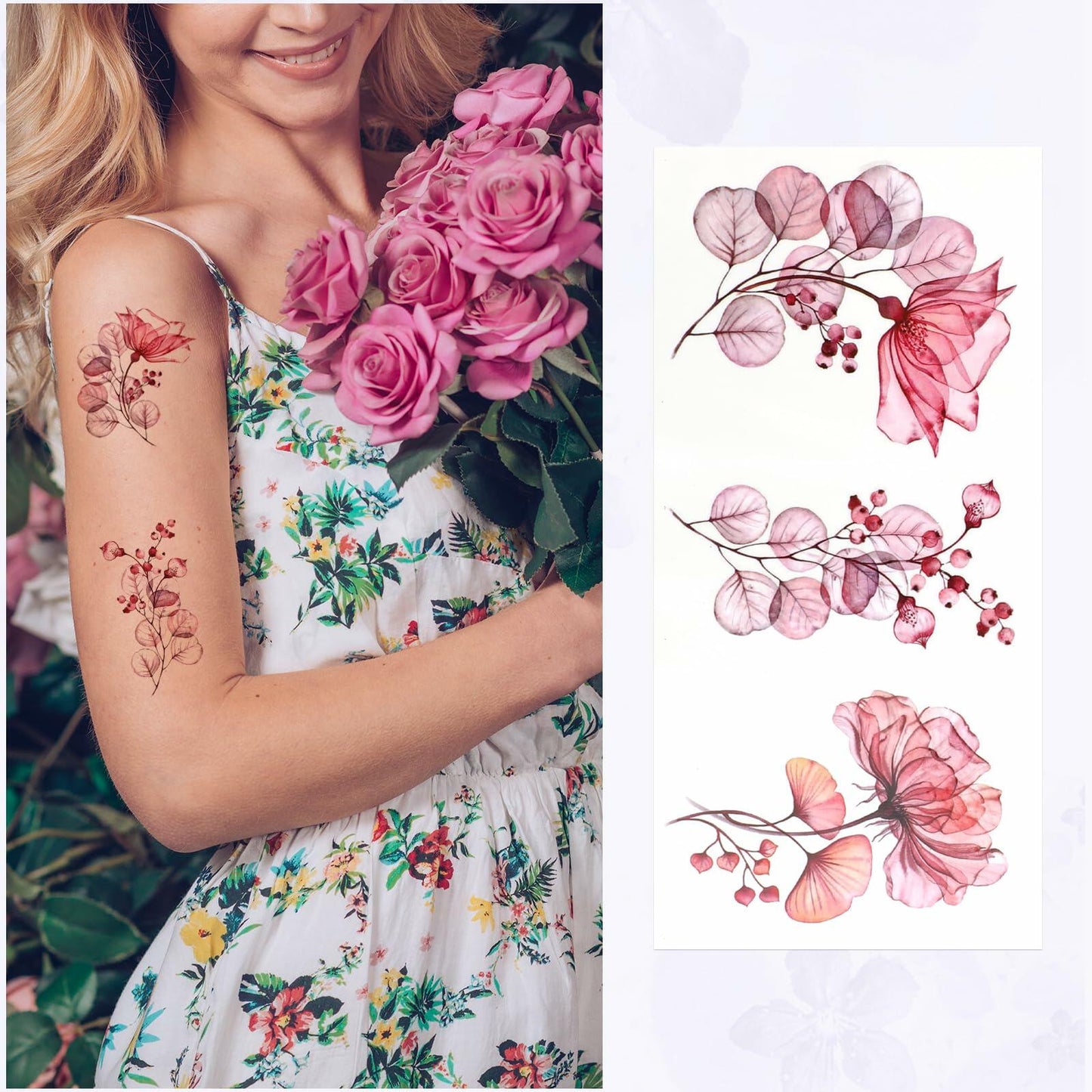 Jeffdad 20 Sheets Watercolor Floral Temporary Tattoos Stickers for Women