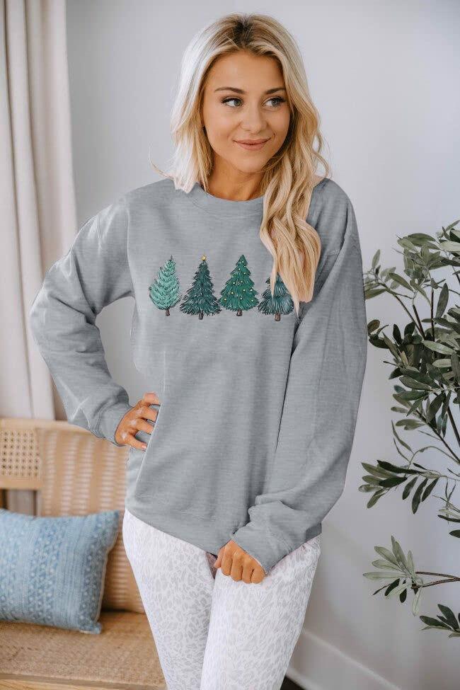FASHGL Christmas Tree Sweatshirt Women Long Sleeve Pullover Grey Midium Size