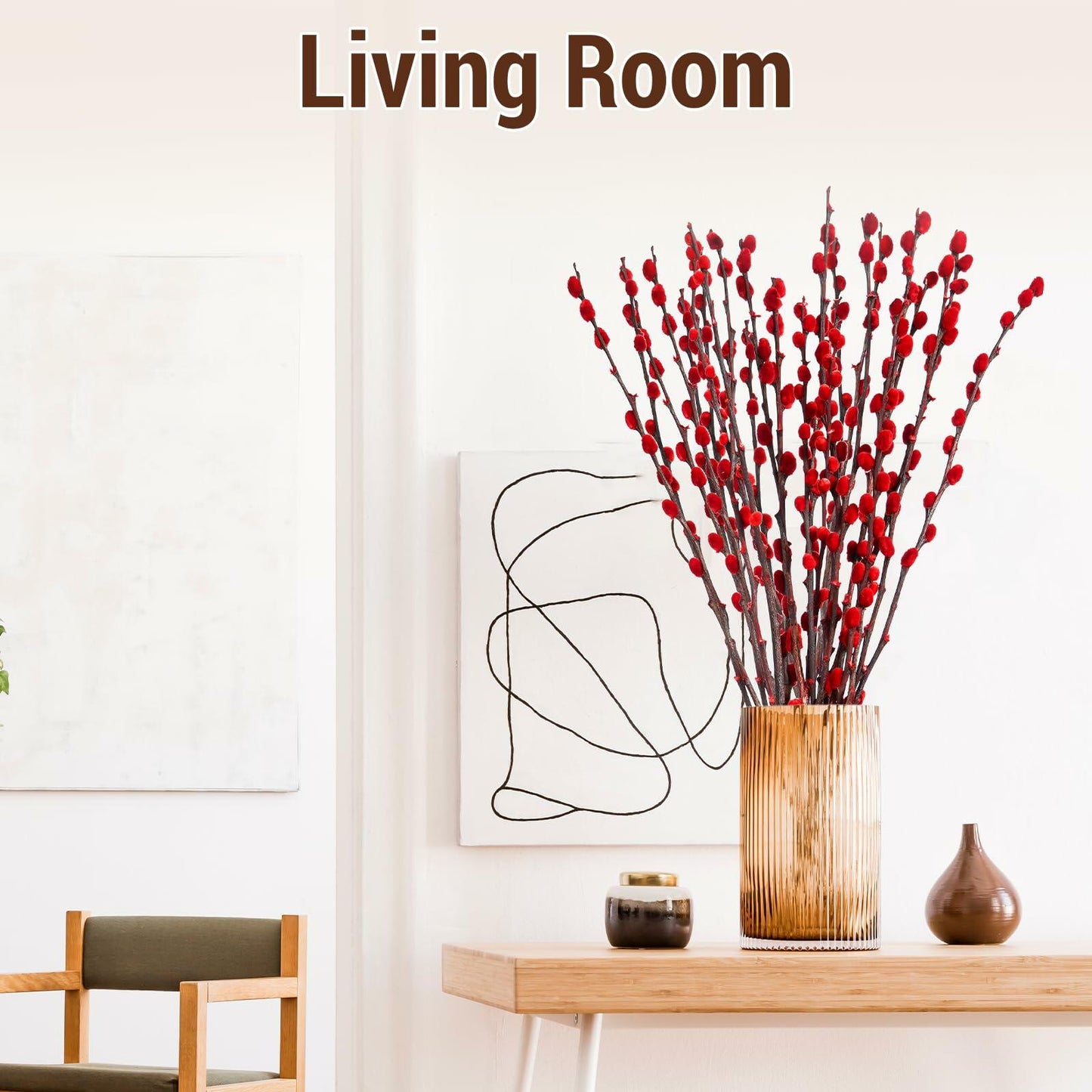 40pcs Red Pussy Willow Branches 17.5in Dried Flowers for Home Decor