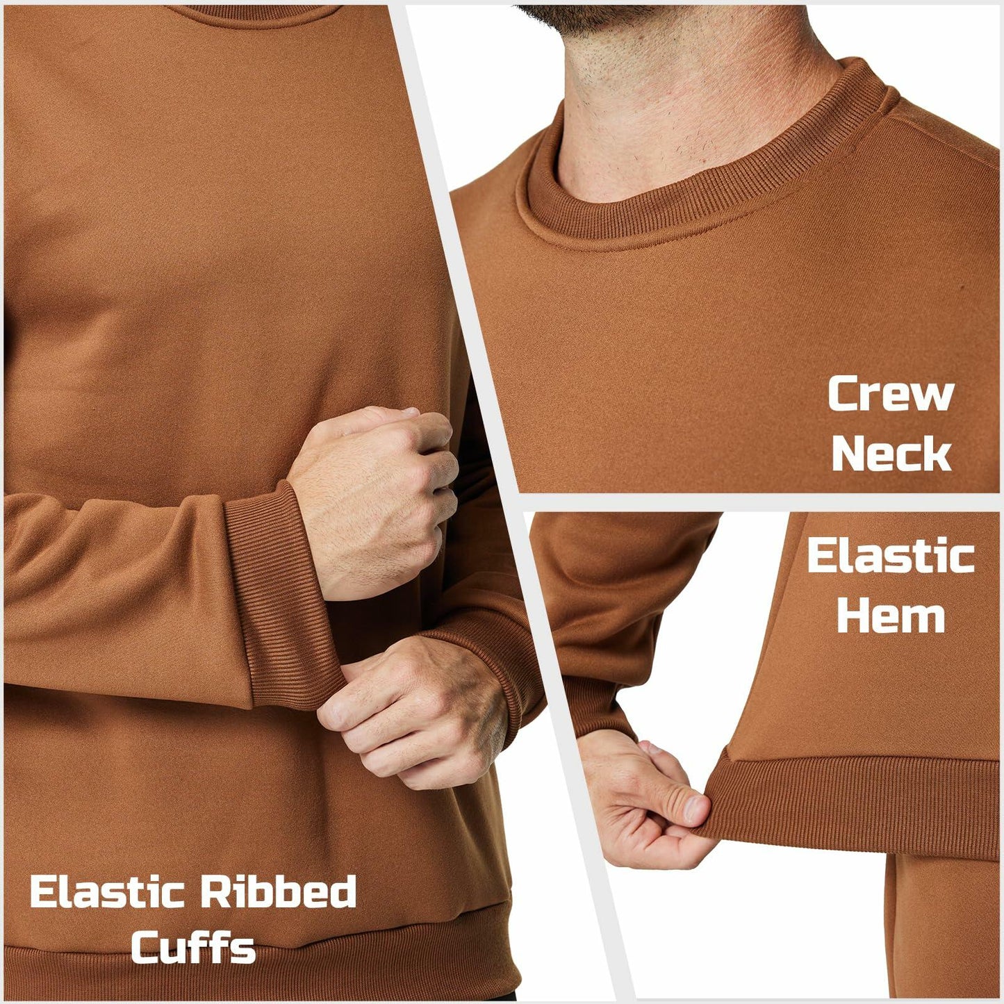 Men's Crewneck Sweatshirt Athletic Fleece Pullover Brown Size L