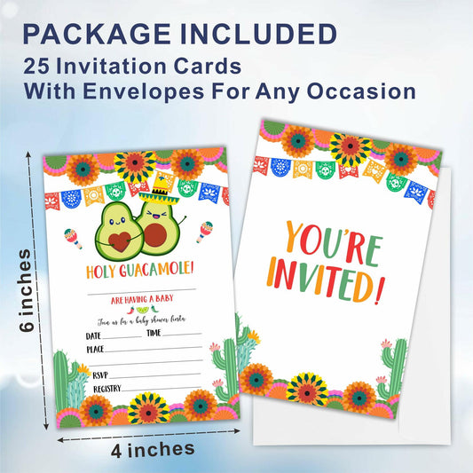 25pc Holy Guacamole Baby Shower Invitations Avocado Taco Mexican Fiesta B06