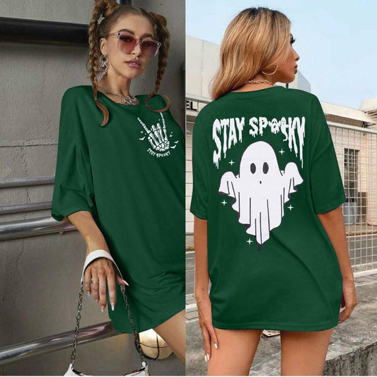 Halloween Oversize T-Shirt Women Cute Spooky Graphic Ghost Tee Green Size S