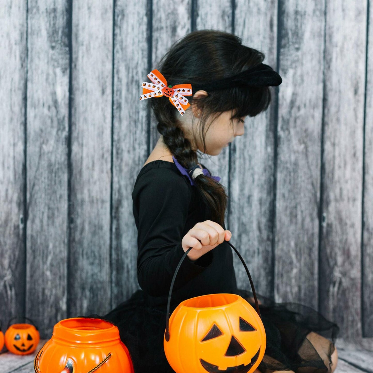 Halloween Pumpkin Hair Bows Clips Orange Dual-Layered Grosgrain Ribbon