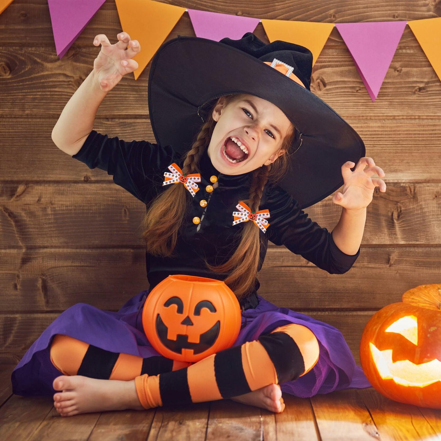 Halloween Pumpkin Hair Bows Clips Orange Dual-Layered Grosgrain Ribbon