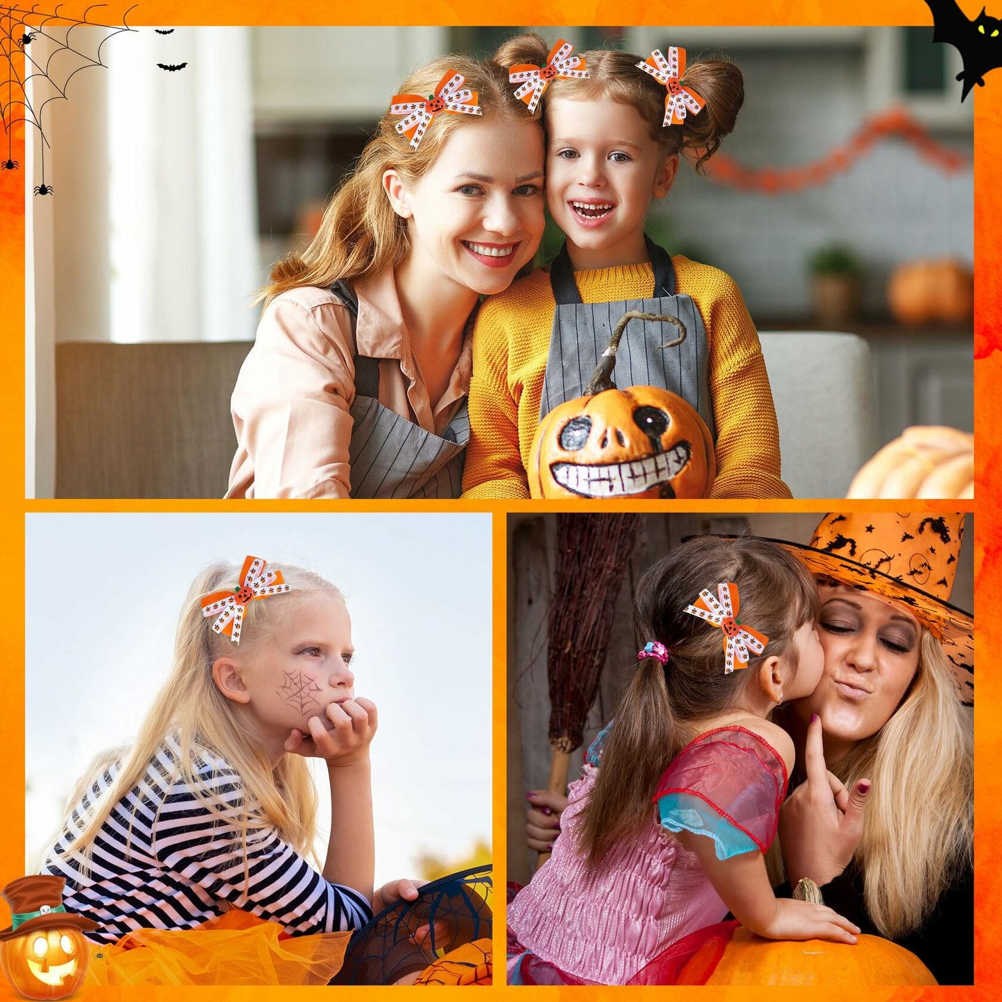 Halloween Pumpkin Hair Bows Clips Orange Dual-Layered Grosgrain Ribbon