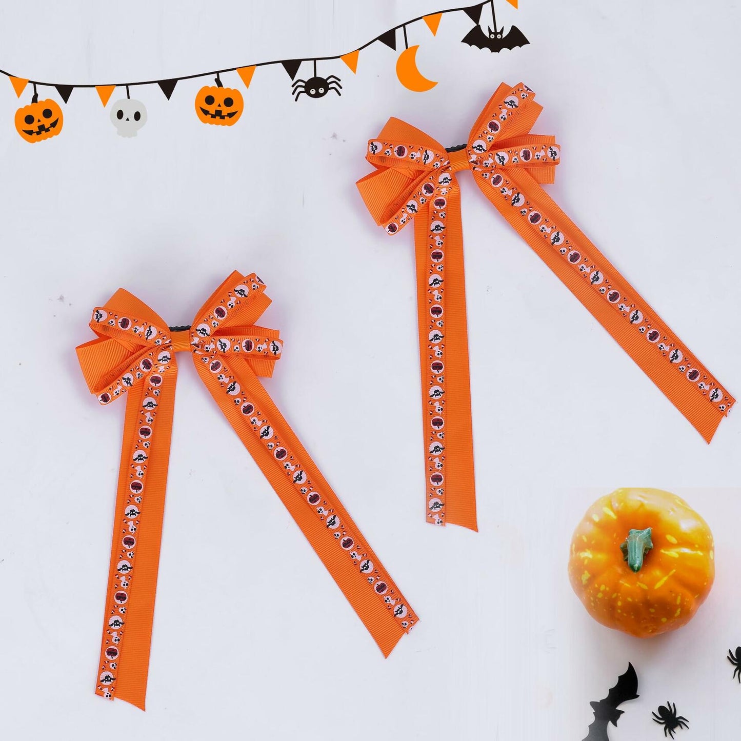 Halloween Hair Bows Orange Holiday Print Ribbon Clip for Girls Women
