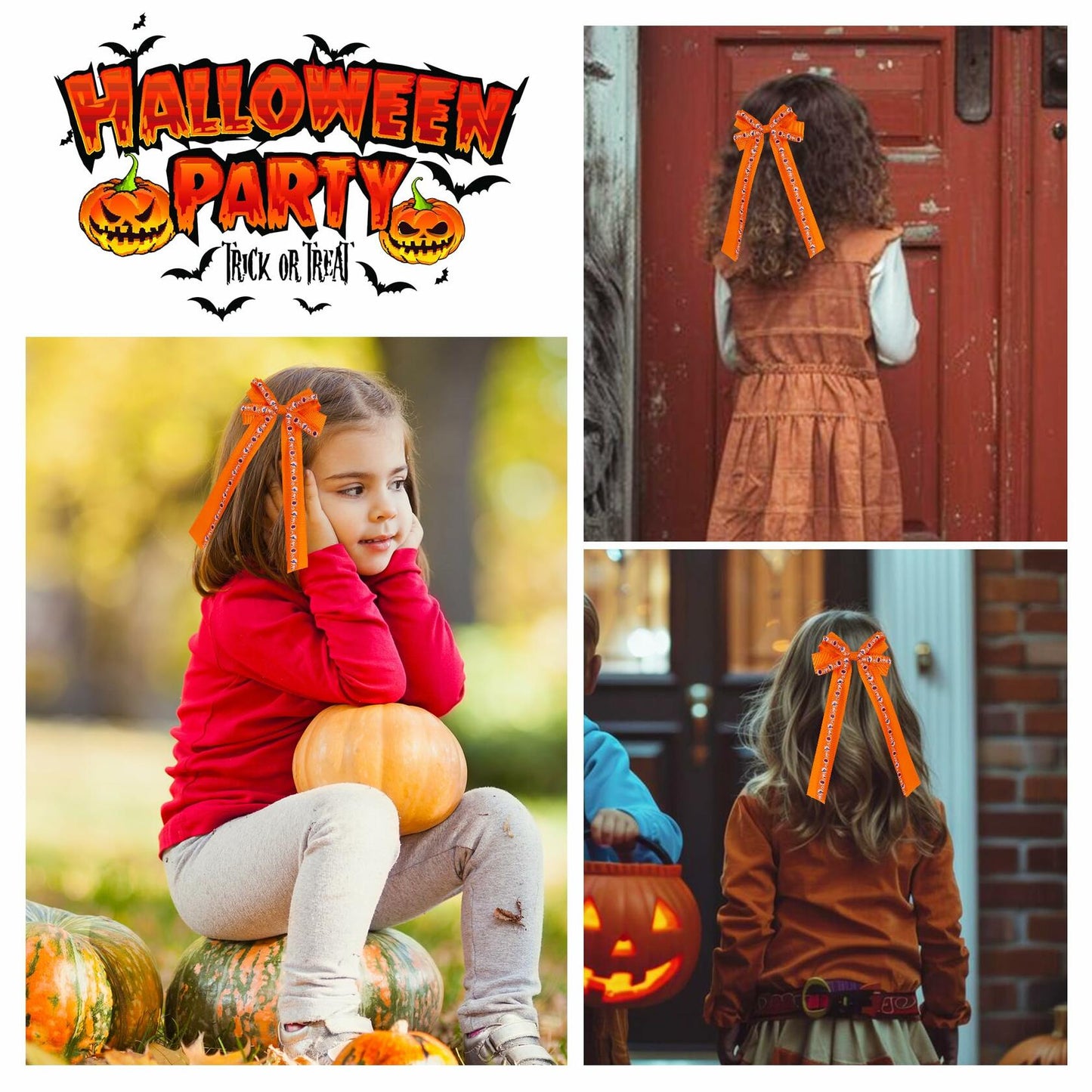 Halloween Hair Bows Orange Holiday Print Ribbon Clip for Girls Women