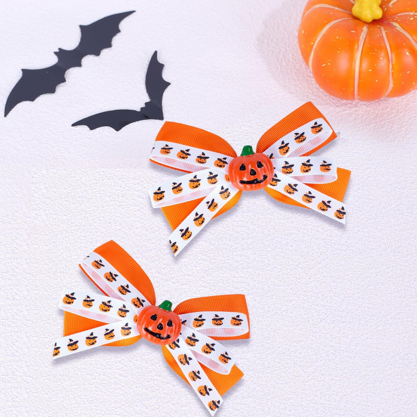 Halloween Pumpkin Hair Bows Clips Orange Dual-Layered Grosgrain Ribbon