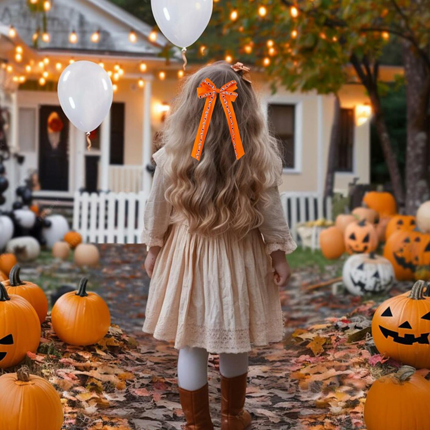 Halloween Hair Bows Orange Holiday Print Ribbon Clip for Girls Women