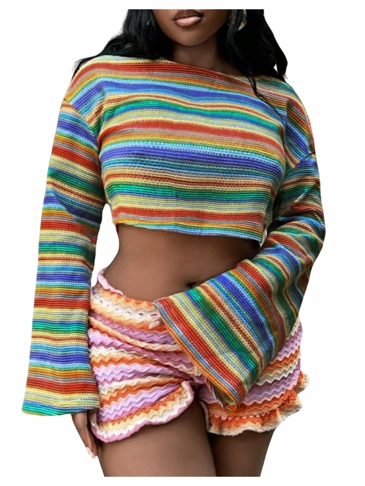RoseSeek Women's Striped Crop Top Long Sleeve Knit Tee Multicolor Size S
