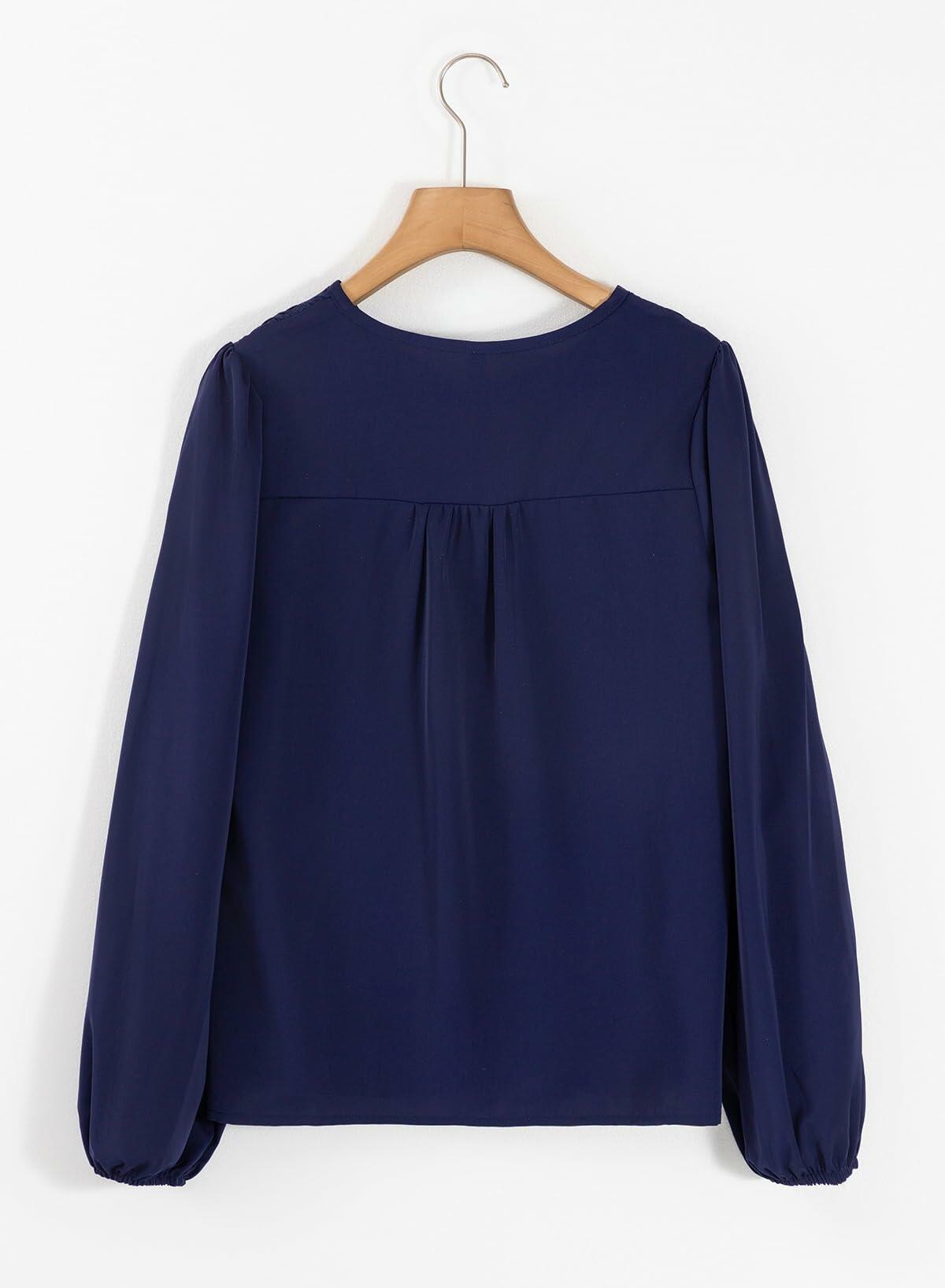 Dokotoo Fall Clothes Women Round Neck Smocked Top Navy Blue Size L