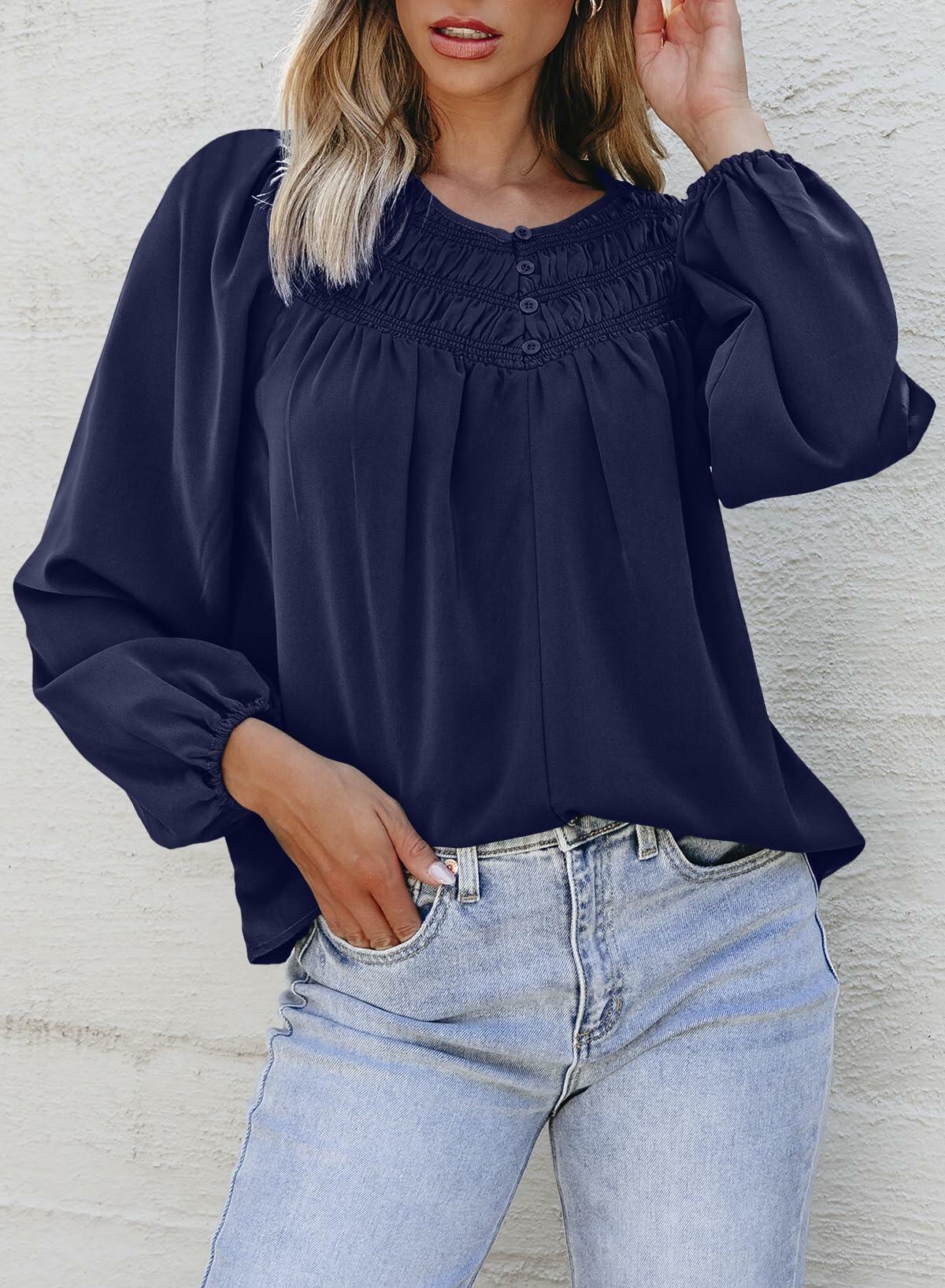 Dokotoo Fall Clothes Women Round Neck Smocked Top Navy Blue Size L