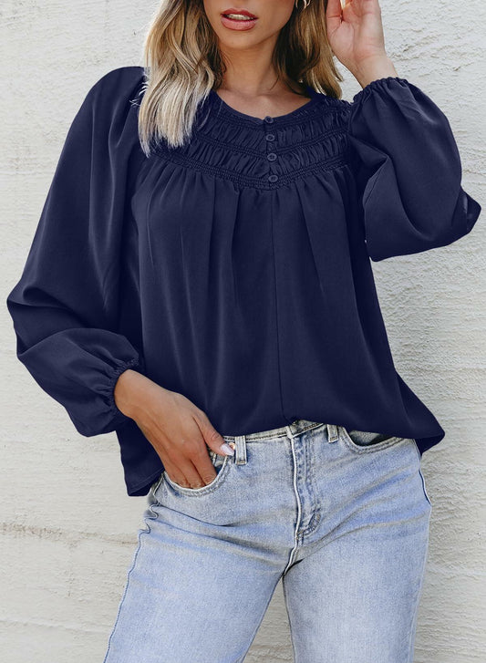 Dokotoo Fall Clothes Women Round Neck Smocked Top Navy Blue Size L